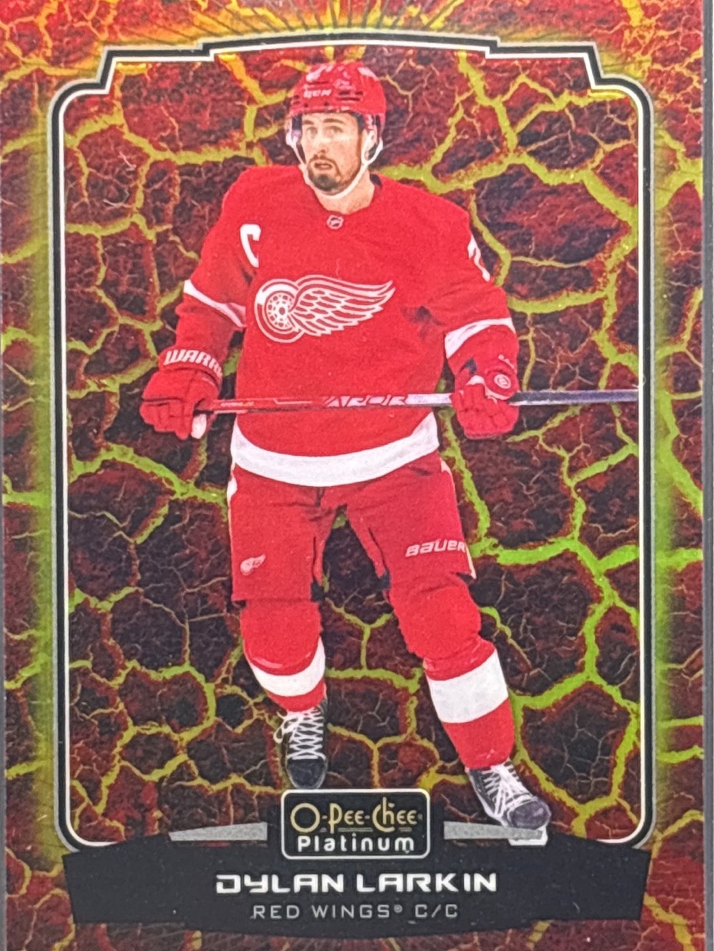O-Pee-Chee Platinum Dylan Larkin Hockey Card - Red Lava LE 393/499